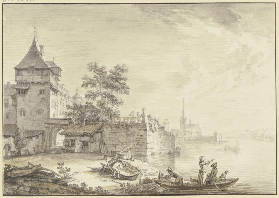 Stadttor bei einem Turm am Wasser (Oestrich), vorne ein Kahn mit drei Personen und einem Hund a Christian Georg Schütz d. Ä.