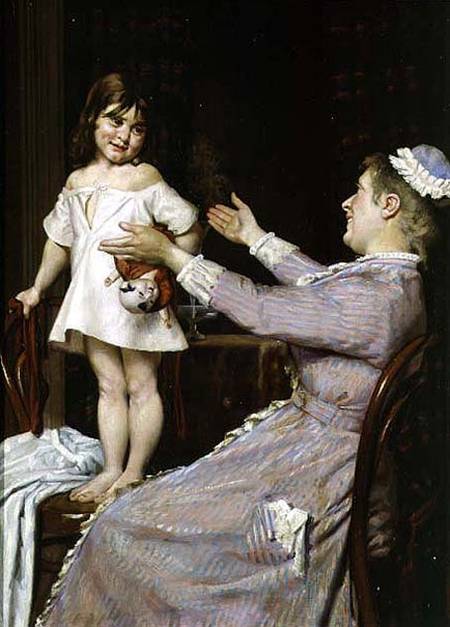 Little Girl with a Doll and Her Nurse a Christian Pram Henningsen