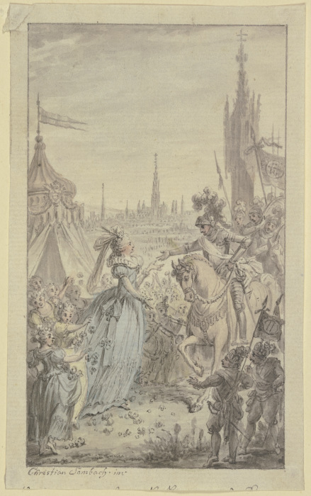 Eine Fürstin und Mädchen mit Blumen empfangen vor einem Zelt einen Ritter zu Pferde a Christian Sambach