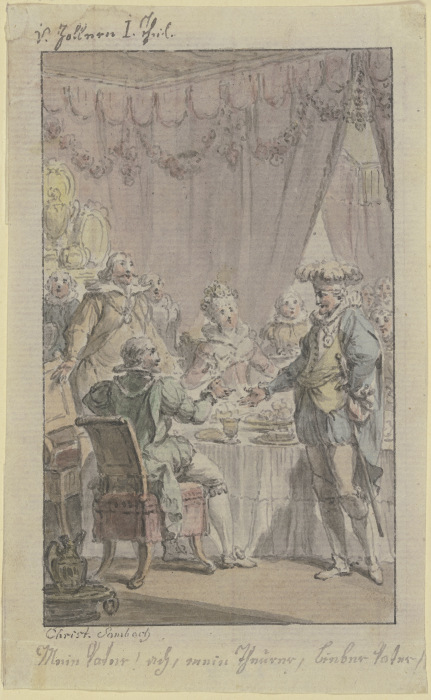 Tafelszene: Ein Ritter tritt an den gedeckten Tisch heran und begrüßt einen sitzenden Ritter a Christian Sambach