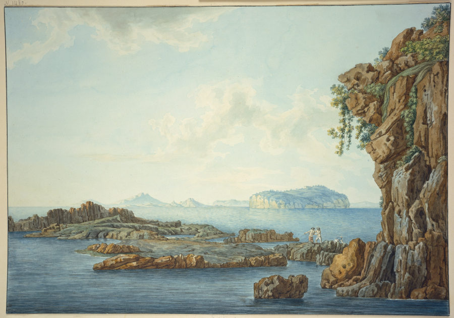 Sizilien, Felsufer am Meer, im Vordergrund drei Fischer, im Hintergrund Inseln a Christoph Heinrich Kniep