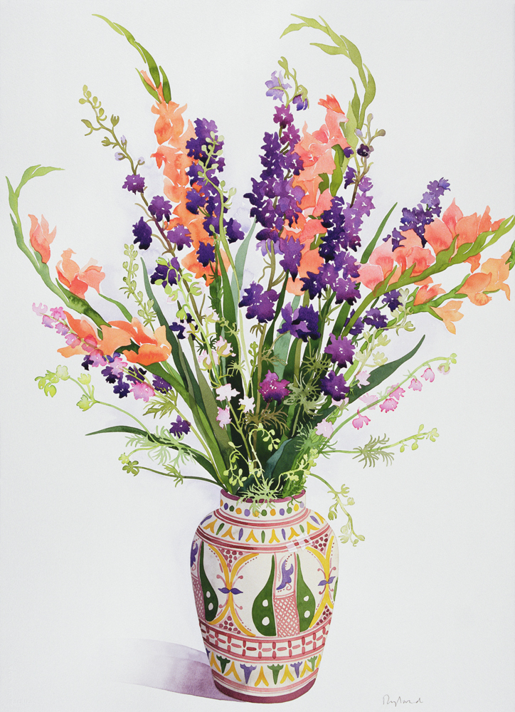 Larkspur and Gladioli in a Moroccan Vase (w/c)  a Christopher  Ryland