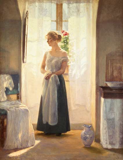 Interior with a Girl standing in front of a Mirror a Cilius Anderson