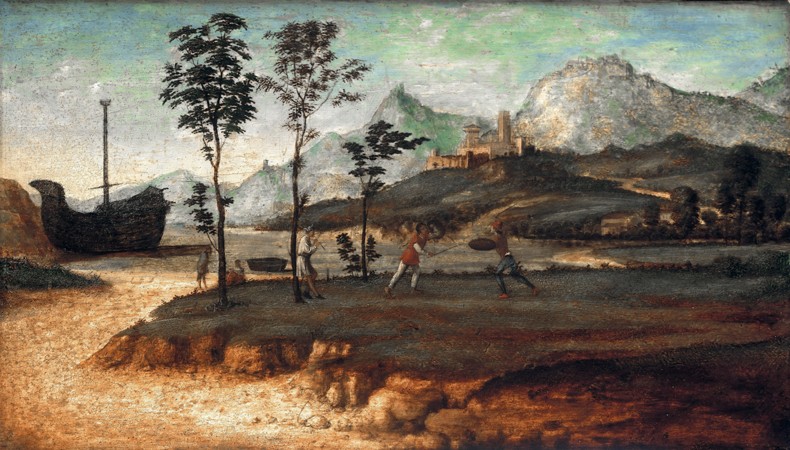 Coastal Landscape with two men fighting a Giovanni Battista Cima da Conegliano