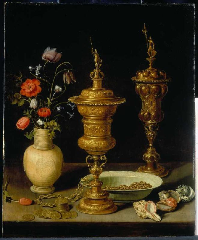 Quiet life with flowers and cups a Clara Peeters