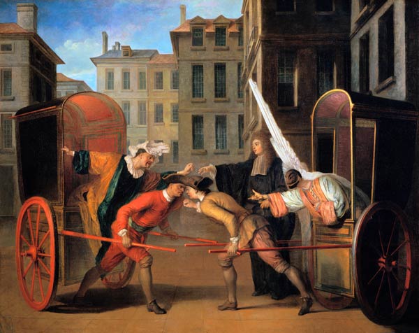 The Two Coaches, a scene added to the comedy 'The Fair at Saint-Germain' by Jean-Francois Regnard (1 a Claude Gillot