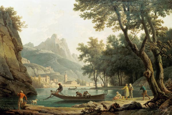 Fisherman at the lakeside in front of a cloister a Claude Joseph Vernet
