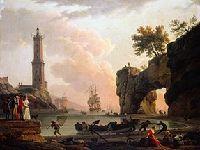 A Mediterranean port at evening. On the mole of the artists with son, daughter and daughter-in-law a Claude Joseph Vernet