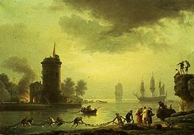 Seaport into evening atmosphere with lighthouse a Claude Joseph Vernet