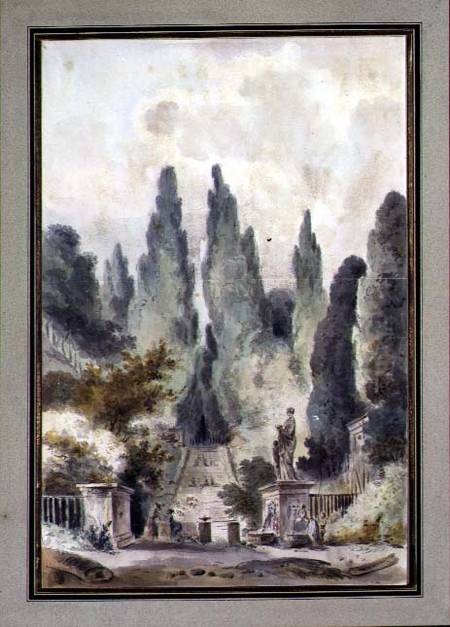The Gardens of the Villa d'Este at Tivoli (w/c over black chalk on paper) a Claude Louis Chatelet