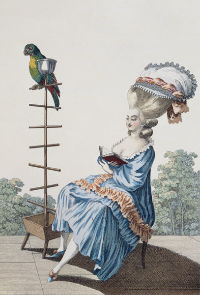 Young woman reading in a day dress with an elaborate hairstyle and bonnet, plate 20 from 'Galerie de a Claude Louis Desrais
