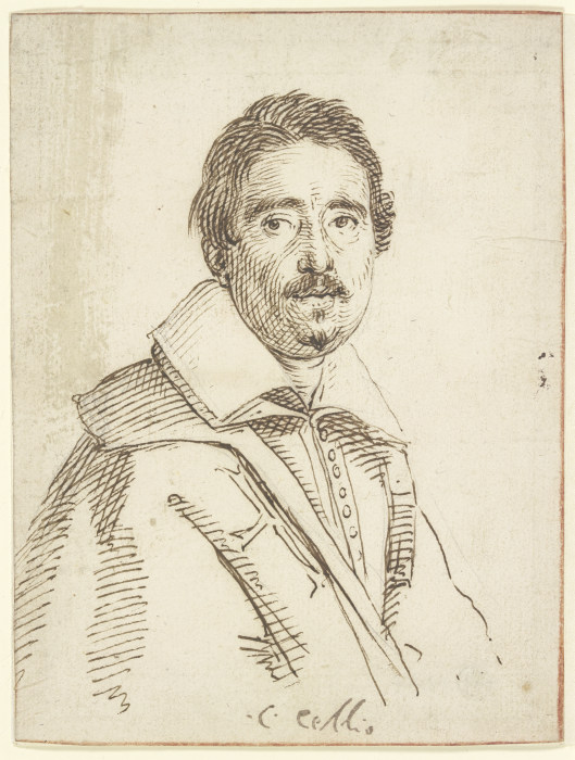 Brustbild eines Mannes mit Schnurr- und Knebelbart und umgelegtem Kragen nach rechts a Claude Mellan