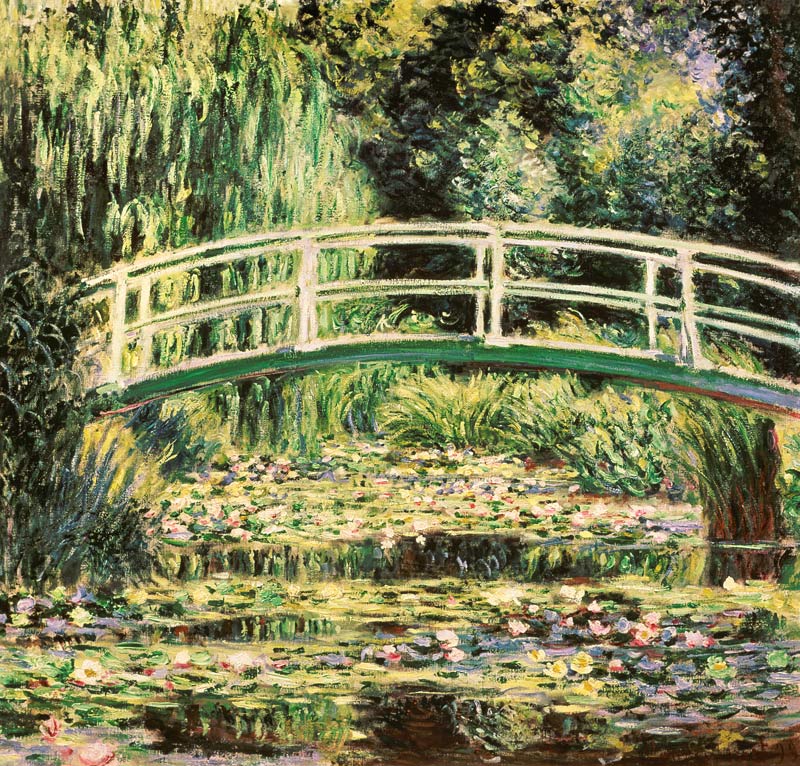 Ponte nel giardino di Monet con ninfee bianche a Claude Monet