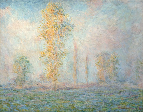Meadow landscape with bucking at Giverny in the morning light. a Claude Monet