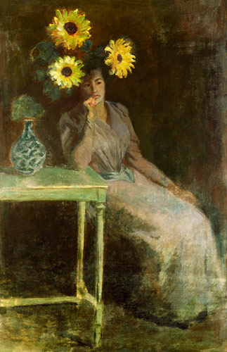 Sedentary woman next to a vase with sunflowers a Claude Monet