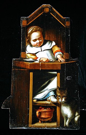 Dummy board depicting a boy asleep in a high chair a Cornelis Bisschop