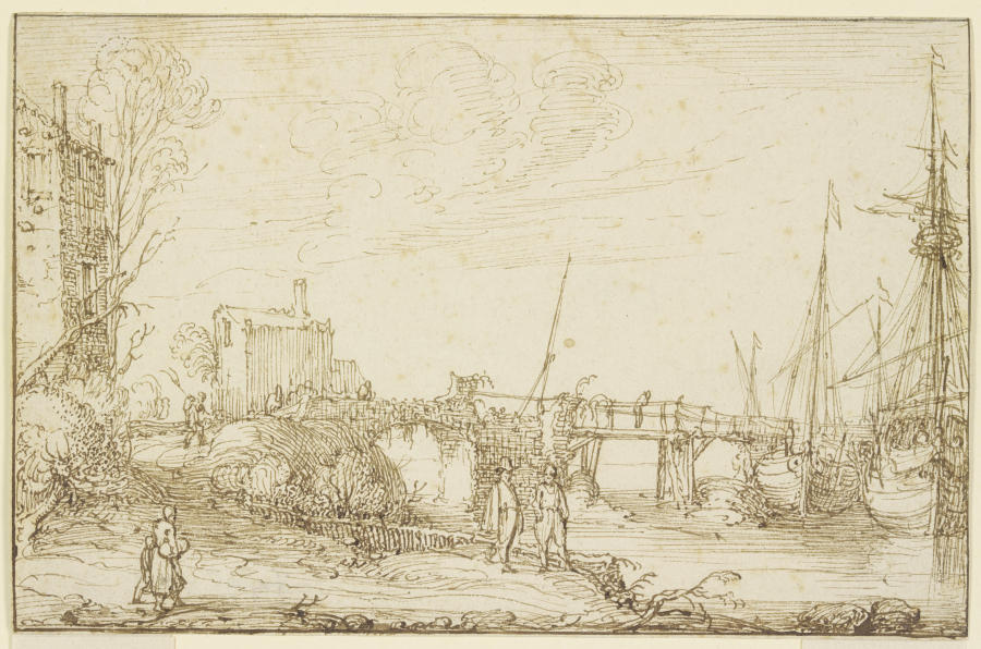 Zwei Schiffe liegen bei einer Brücke, links auf dem Wege mehrere Figuren a Cornelis Claesz. van Wieringen