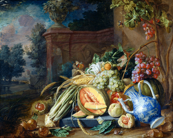 Still Life with Vegetables and Fruit before a Garden Balustrade a Cornelis de Heem