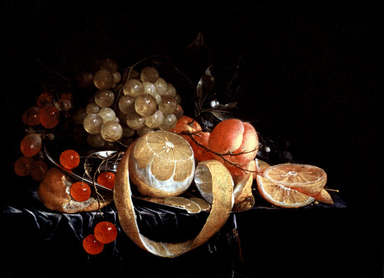 A Still Life with a lemon, grapes, cherries and apricots on a pewter plate a Cornelis de Heem