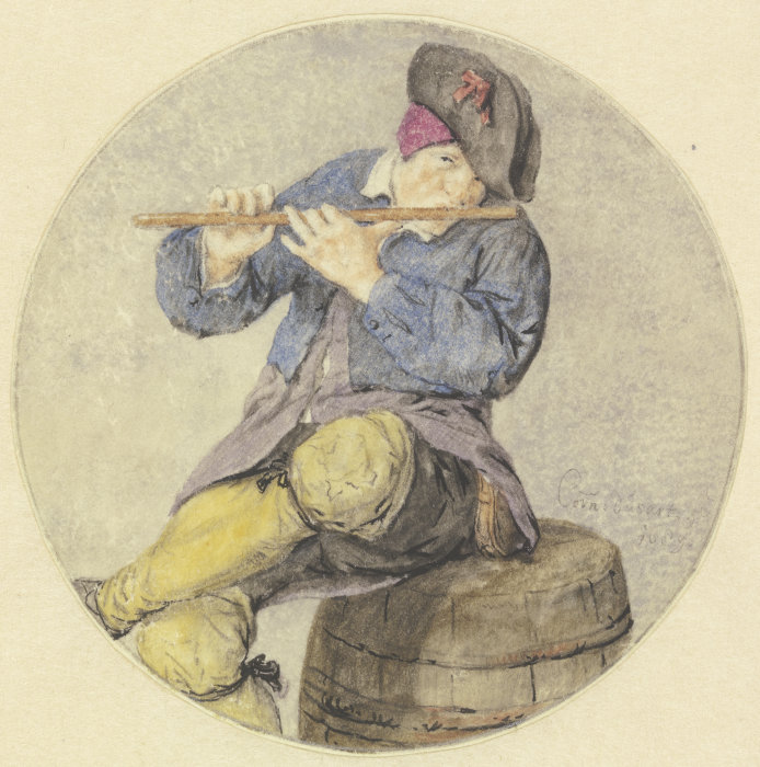 Flötenspieler auf einem Fass sitzend a Cornelis Dusart