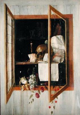 Vanitas still life seen through a trompe l'oeil window