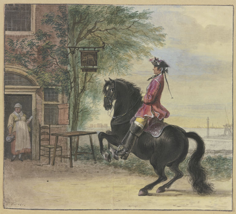 Ein Reiter mit Dreispitz und Zopf, im Hintergrund eine Kanallandschaft a Cornelis Troost