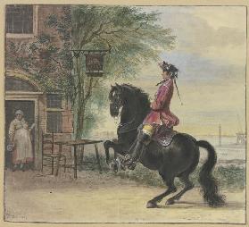 Ein Reiter mit Dreispitz und Zopf, im Hintergrund eine Kanallandschaft