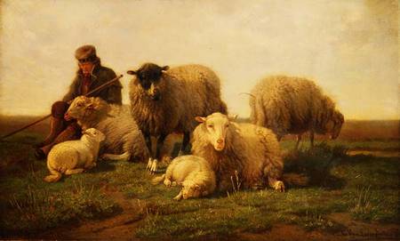 A Shepherd with Sheep and Lambs a Cornelis van Leemputten