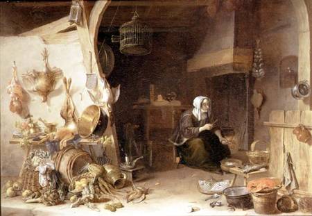 A Kitchen Interior with a Servant Girl Surrounded by Utensils, Vegetables and a Lobster on a Plate a Cornelis van Lelienbergh