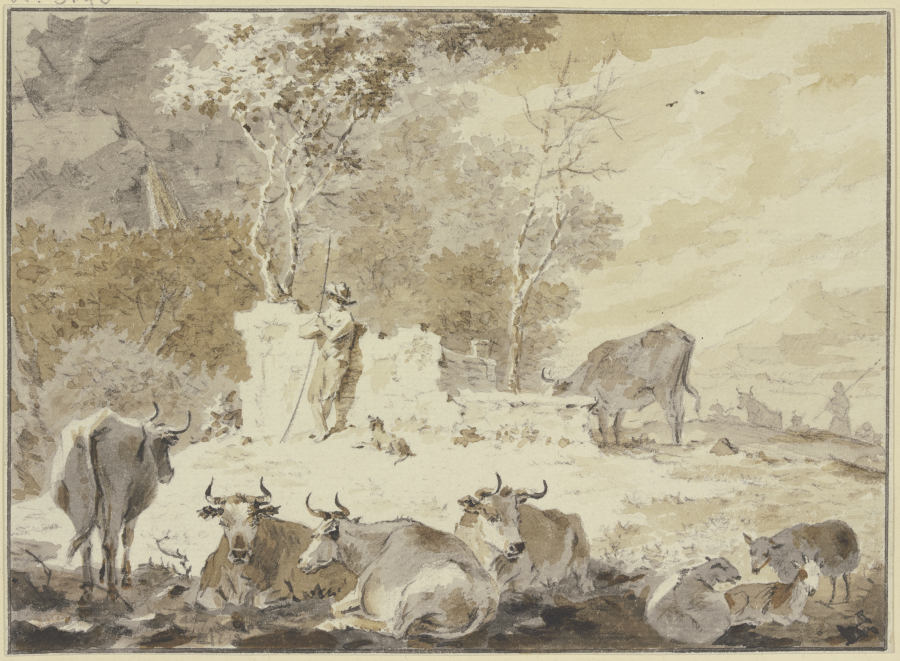 An altem Gemäuer steht links ein Hirte mit seinem Hund, umgeben von verschiedenem Vieh a Cornelis van Noorde