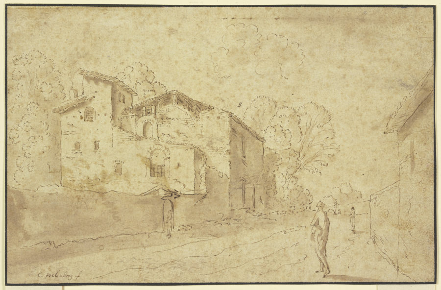 Landstraße an italienischen Gebäuden vorbeiführend a Cornelis van Poelenburch