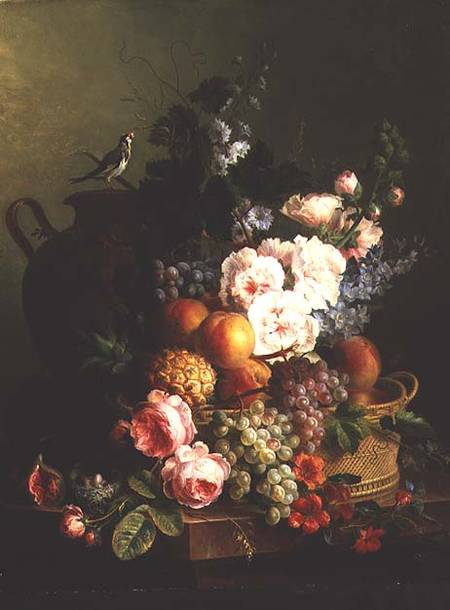 Still Life of Fruits and Flowers in a Wicker Basket on a Ledge. a Cornelis van Spaendonck