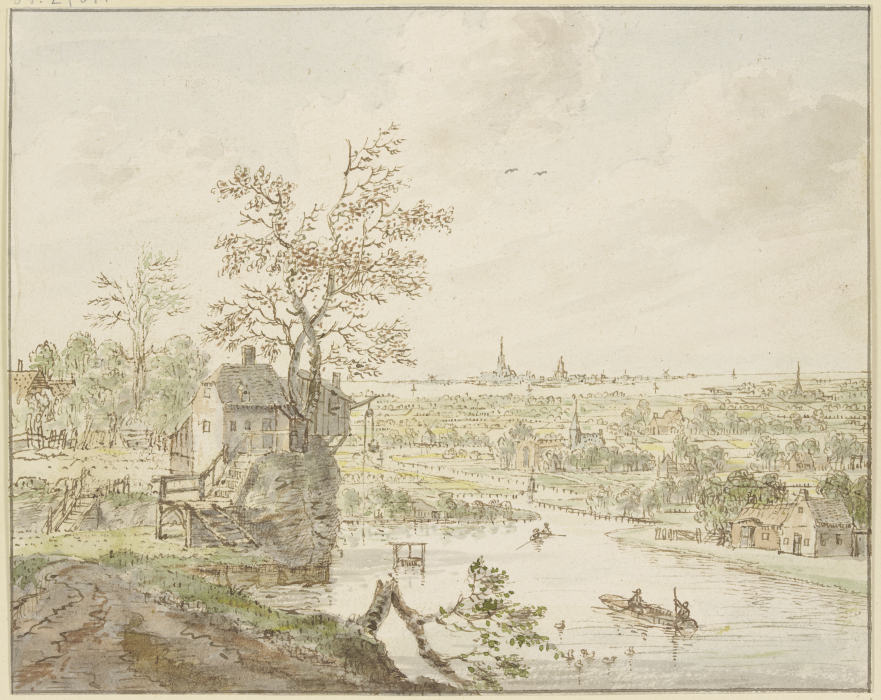 Flußgegend, in der Ferne das Meer mit einer Stadt a Cornelis Verdonck