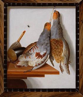 Trompe l'Oeil of Two Partridges Hanging from a Nail