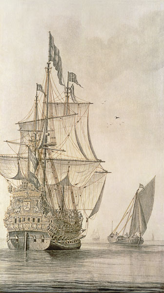A Man-o'-war under sail seen from the stern with a boeiler nearby a Cornelius Bouwmeester