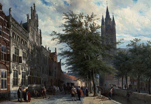 The Gemeenlandshuis and the Old Church, Delft, Summer. a Cornelius Springer