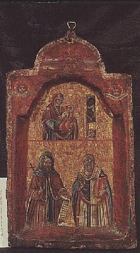Two-tiered icon of the Virgin and Child and two Saints