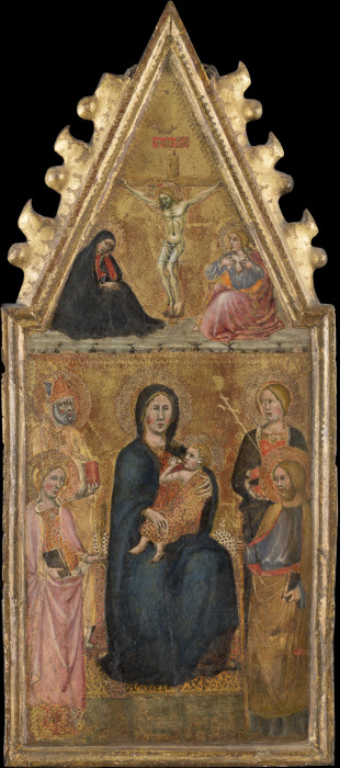 Enthroned Madonna with Child and four saints, above the Crucifixion with Mary and John Ev. a Cristoforo di Bindoccio