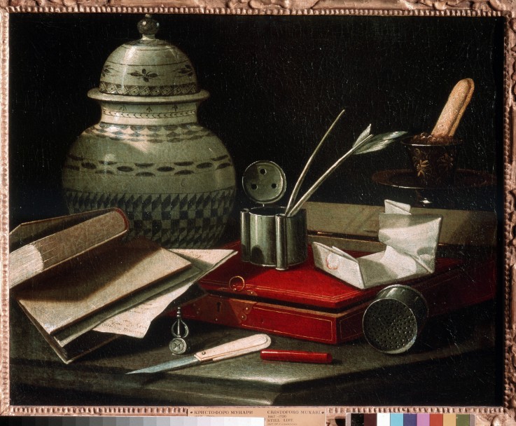 Still life with writting implements a Cristoforo Monari