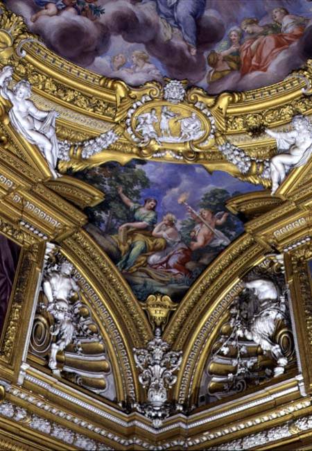The 'Sala di Apollo' (Hall of Apollo) detail of pendentive depicting the muses Thalia and Clio a Pietro da Cortona,