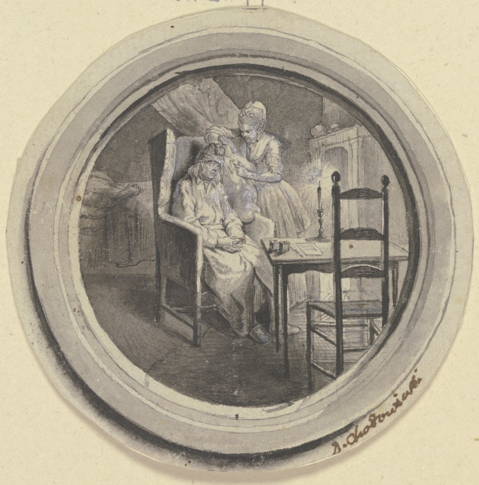 Ein alter Mann im Schlafrock sitzt zusammengesunken im Lehnstuhl a Daniel Chodowiecki