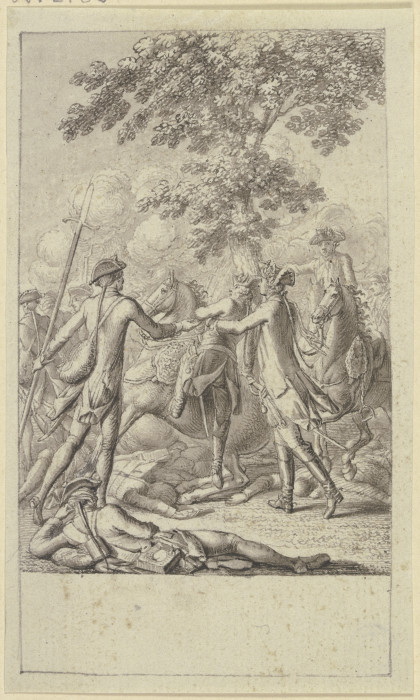 Zwei Soldaten helfen Friedrich dem Großen von einem zusammensinkenden Pferd a Daniel Chodowiecki