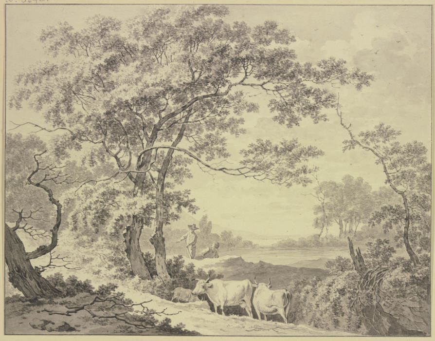 An einem von Wald umgebenem Teich, Hirte und Hirtin mit zwei Kühen und einer Ziege a Daniël Dupré