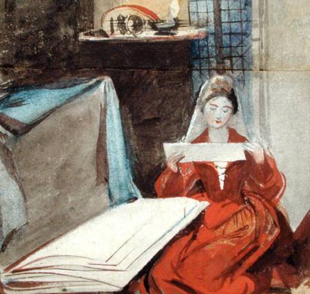 A Lady in a Medieval Costume studying the Contents of a Portfolio a Daniel Maclise
