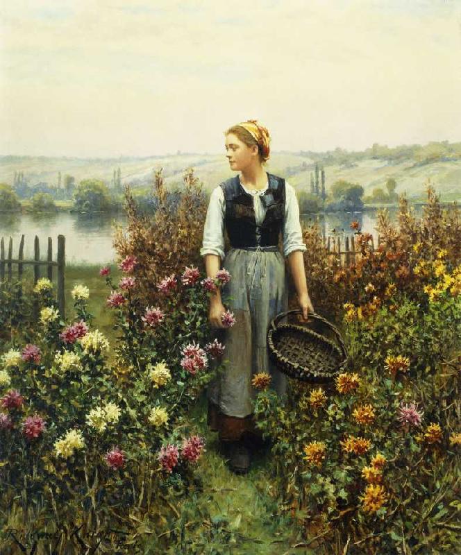Junge Frau mit Korb in einem Garten. a Daniel Ridgway Knight