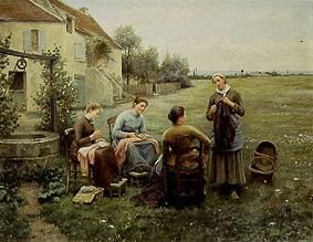 Sewing hour at the fountain a Daniel Ridgway Knight