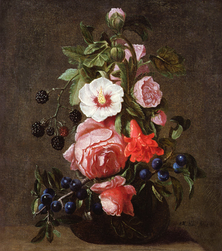 A Still Life of Mixed Flowers and Berries in a Glass Vase a Daniel Seghers