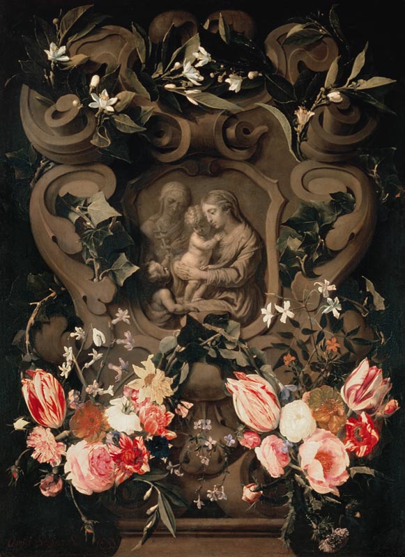 Madonna and Child, Saint Elisabeth and John the Baptist as child in a floral garland a Daniel Seghers