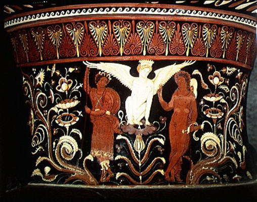 Apulian red-figure volute crater, detail of the neck depicting Oedipus and the Sphinx (pottery) (see a Darius Painter