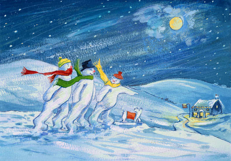 Snowmen on their way to the Pub  a David  Cooke